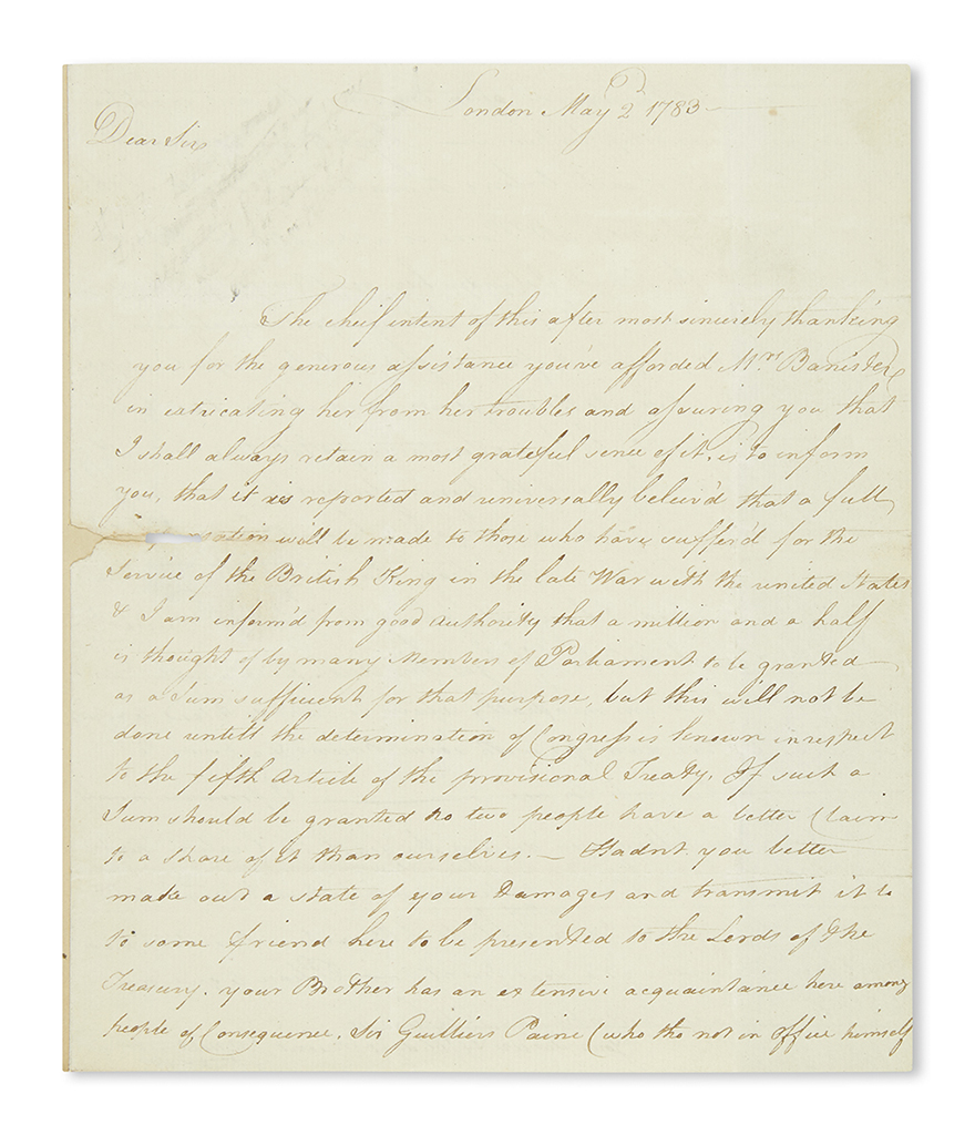 (AMERICAN REVOLUTION--1783.) Banister, John. A Newport Loyalists letter explaining the process for compensation by the Crown.